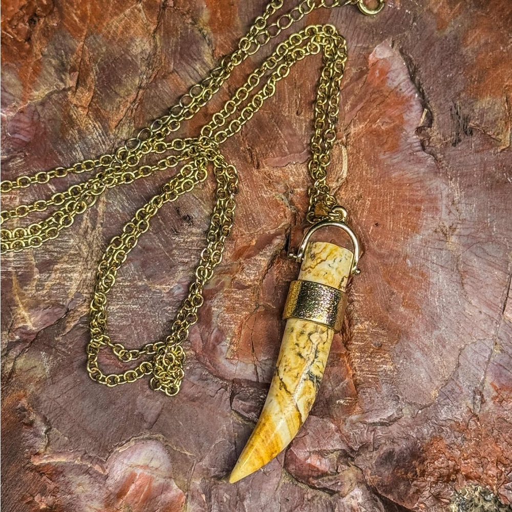 Genuine Stone (Jasper?) Gold and Brown Pendant Necklace